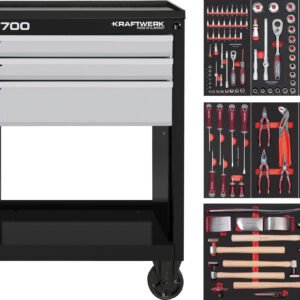 Įrankių vežimėlis su įrankiais KRAFTWERK LT700, 3 stalčiukų, 121 įrankis