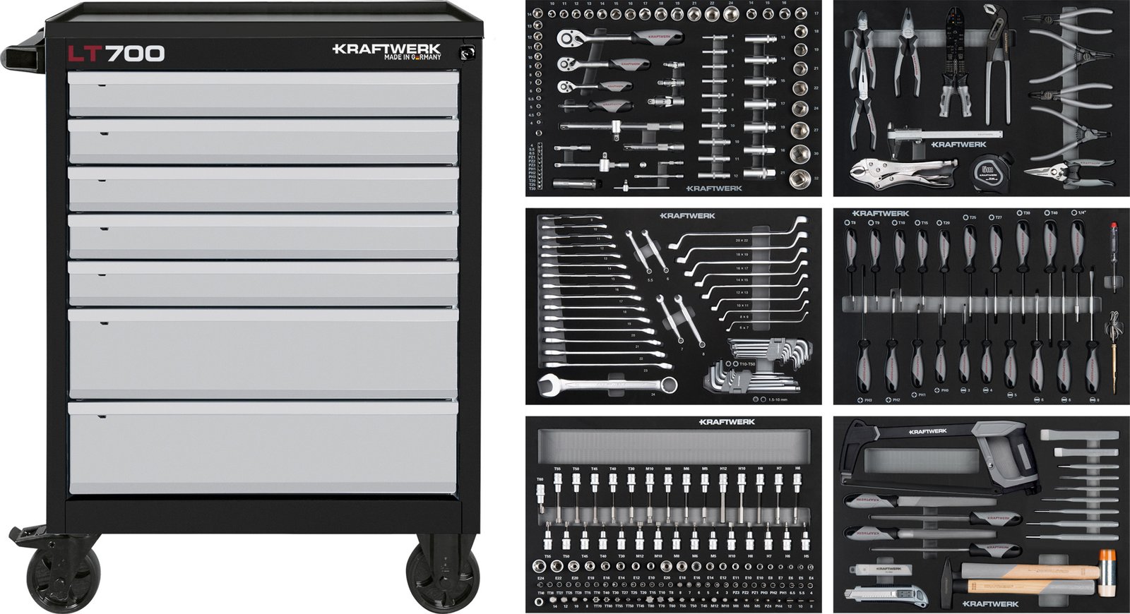Įrankių vežimėlis su įrankiais KRAFTWERK LT700, 7 stalčiukų, 301 įrankis