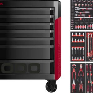 Įrankių vežimėlis su įrankiais KRAFTWERK PT1000, 7 stalčiukų, 221 įrankis