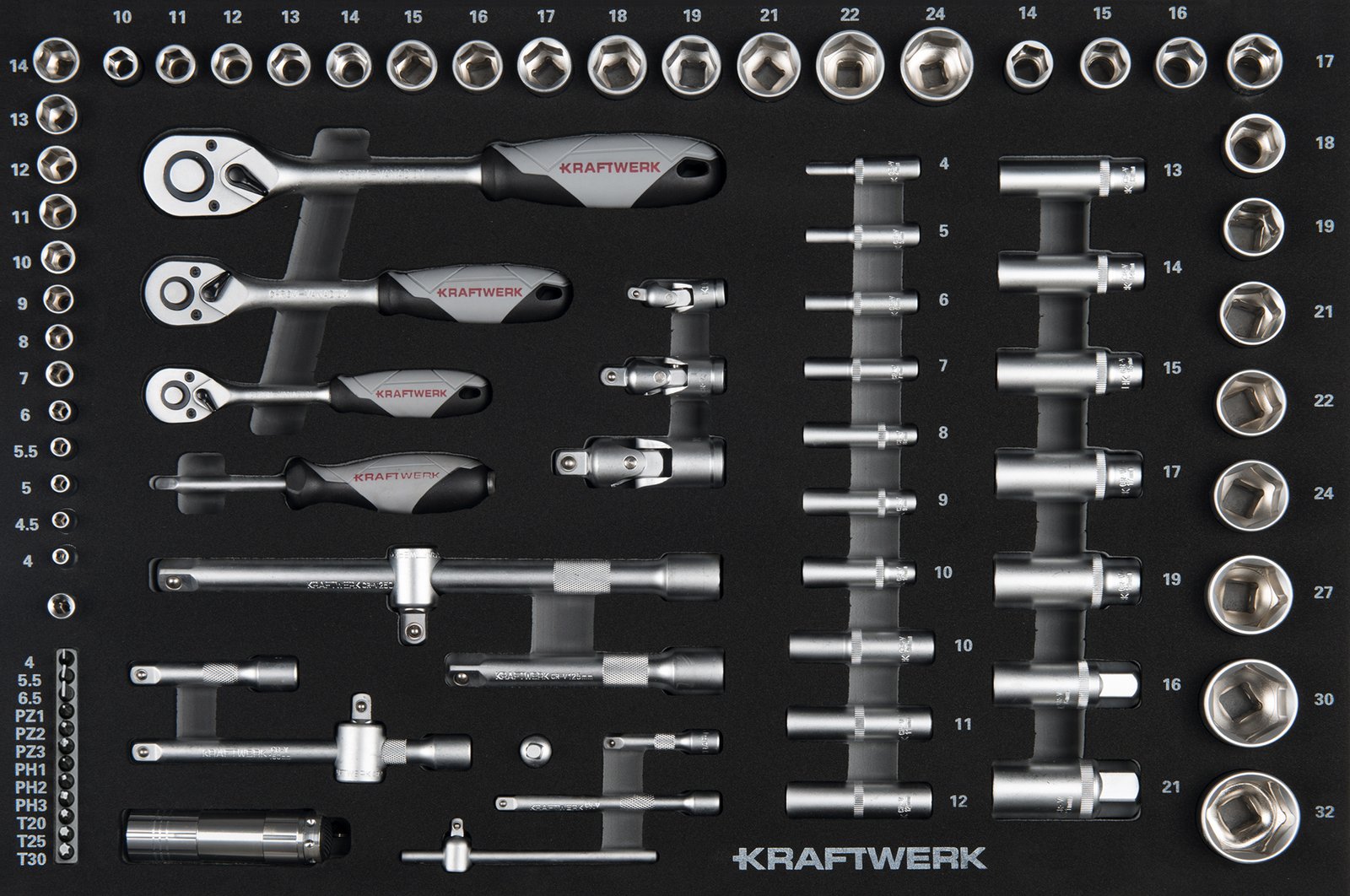 1/4“+3/8“+1/2“ galvučiu ir įrankių komplektas KRAFTWERK BASIC LINE EVA 60 × 40 cm, 86 vnt
