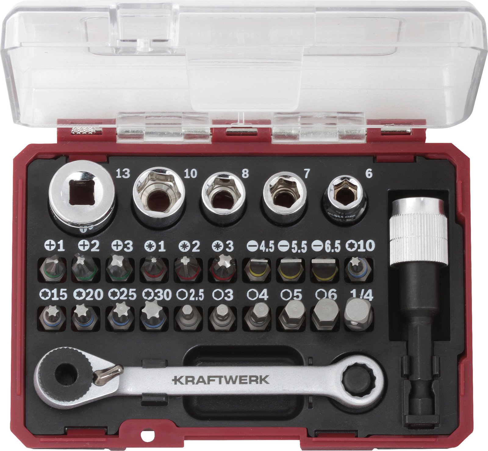 Terkšlės su antgaliais komplektas dėžėje KRAFTWERK 1/4”, 27 vnt