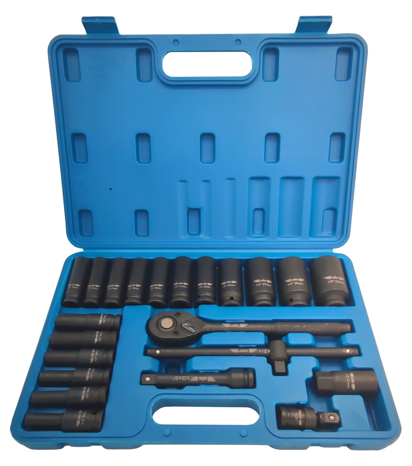 Terkšlės + galvučių komplektas 1/2" ADLER, 23 vnt