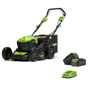 Akumuliatorinė vejapjovė Greenworks 46 cm, 40V su 2X4Ah akumuliatoriais ir krovikliu